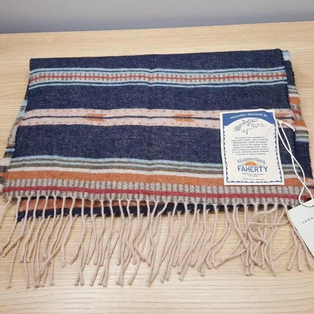 FAHERTY Scarf Tan Blue Brown Wool Blend Doug Goodfeather Eldorado